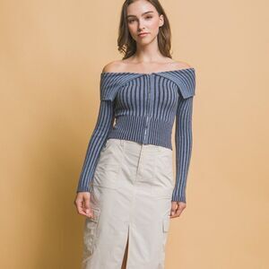 Blue Ribbed Bardot Zip Up Long Sleeve‎